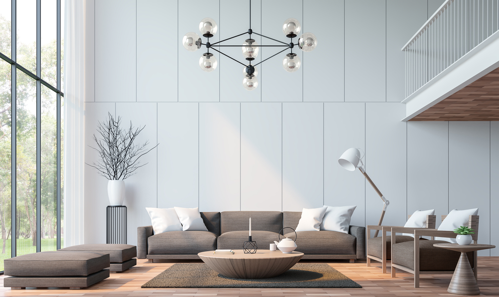 modern, living, room, with, couches, coffee, table, lamps, decor, ceiling, light